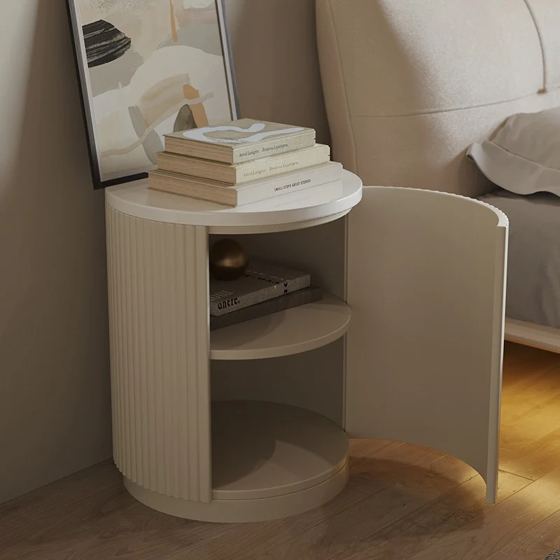 Modern Minimalist Cylinder Stripe Stone Slab Carbon Steel Metal Nightstand 1-Cabinet For Bedroom