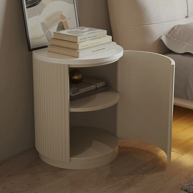 Modern Minimalist Cylinder Stripe Stone Slab Carbon Steel Metal Nightstand 1-Cabinet For Bedroom