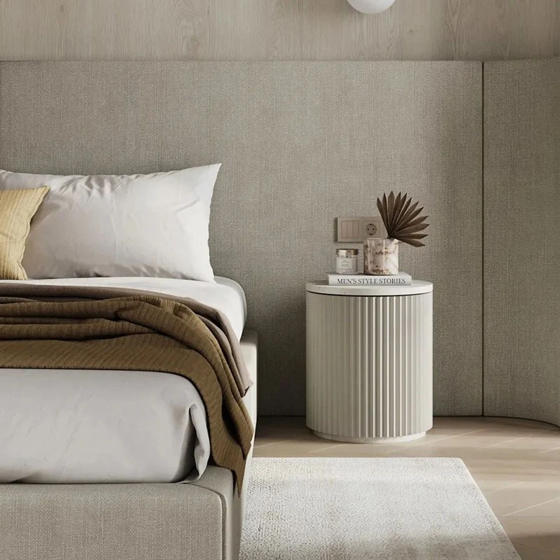 Modern Minimalist Cylinder Stripe Stone Slab Carbon Steel Metal Nightstand 1-Cabinet For Bedroom