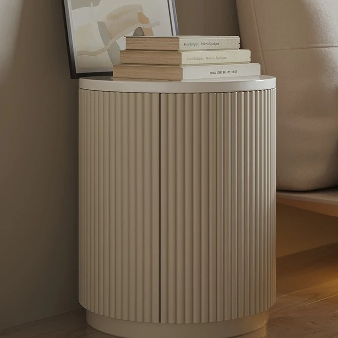 Modern Minimalist Cylinder Stripe Stone Slab Carbon Steel Metal Nightstand 1-Cabinet For Bedroom