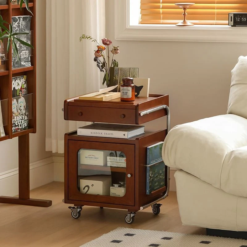 Modern Mid-Century Rectangular Robot Shape Pine Wood Glass Stainless Steel Nightstand 1-Cabinet For Bedroom