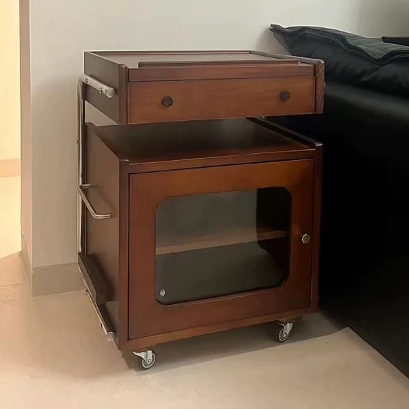 Modern Mid-Century Rectangular Robot Shape Pine Wood Glass Stainless Steel Nightstand 1-Cabinet For Bedroom