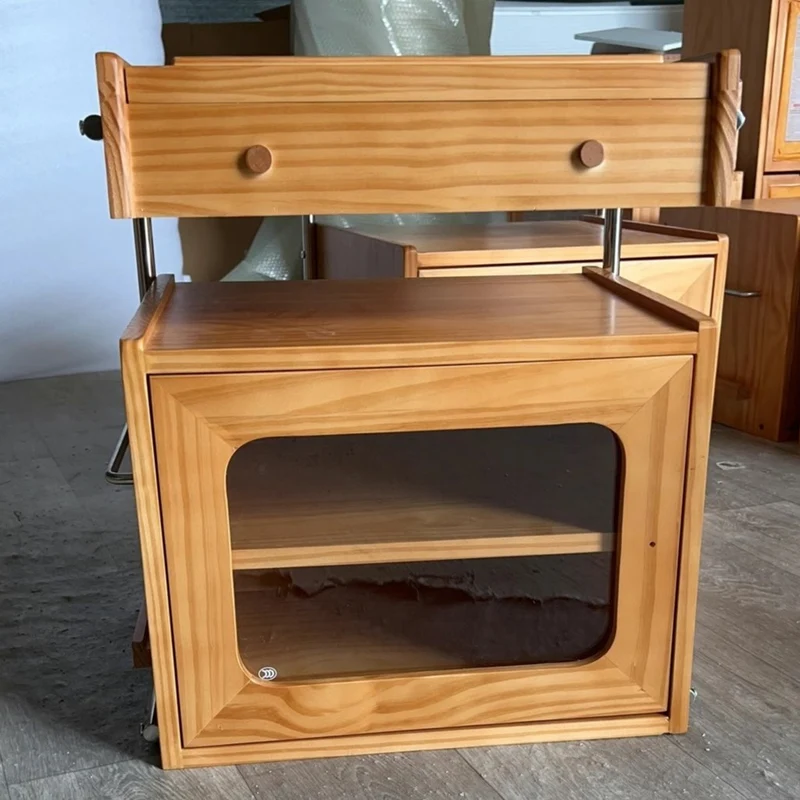 Modern Mid-Century Rectangular Robot Shape Pine Wood Glass Stainless Steel Nightstand 1-Cabinet For Bedroom