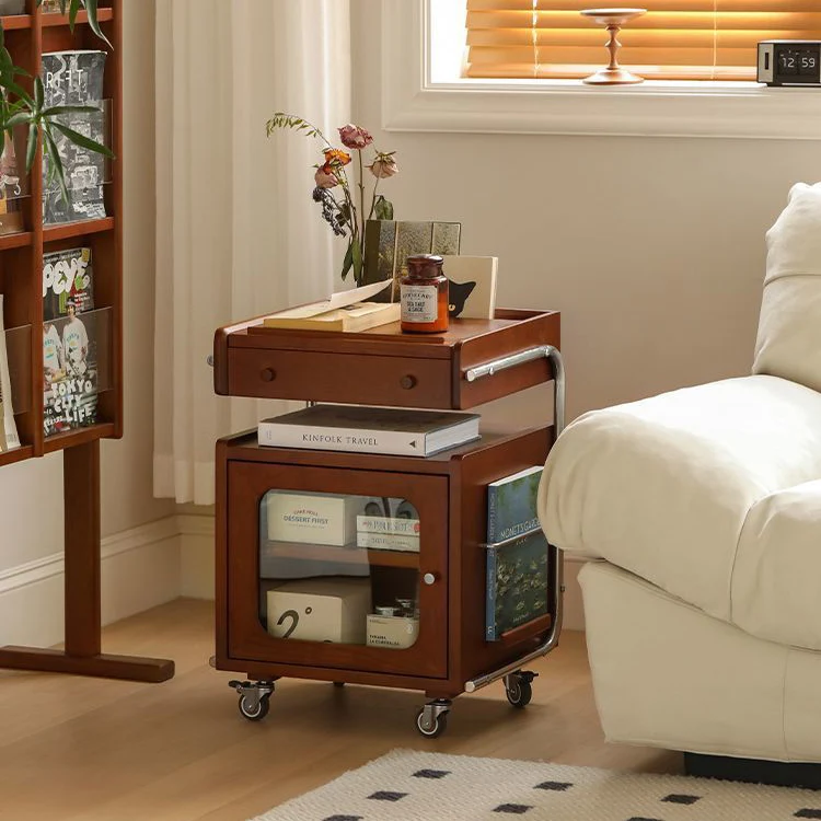 Modern Mid-Century Rectangular Robot Shape Pine Wood Glass Stainless Steel Nightstand 1-Cabinet For Bedroom