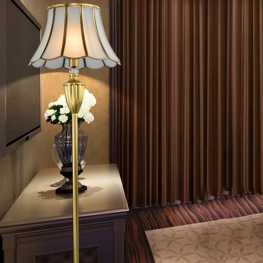 Traditional European Hat Shape Full Copper Glass 1 - Light Standing Floor Lamp For Living Room