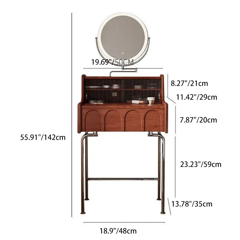 Traditional Vintage Rectangle Pine Wood Glass Iron Plywood Mirror Makeup Vanity 1-Drawer For Bedroom