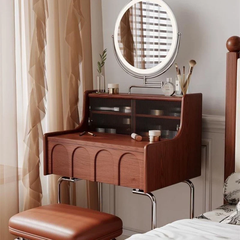 Traditional Vintage Rectangle Pine Wood Glass Iron Plywood Mirror Makeup Vanity 1-Drawer For Bedroom