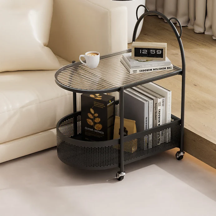 Modern Eclectic Oval Glass Carbon Steel Side Table 1-Shelf For Living Room