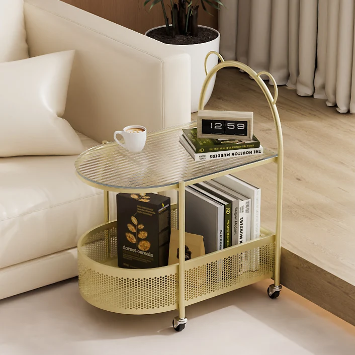 Modern Eclectic Oval Glass Carbon Steel Side Table 1-Shelf For Living Room