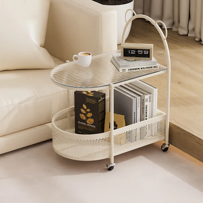 Modern Eclectic Oval Glass Carbon Steel Side Table 1-Shelf For Living Room
