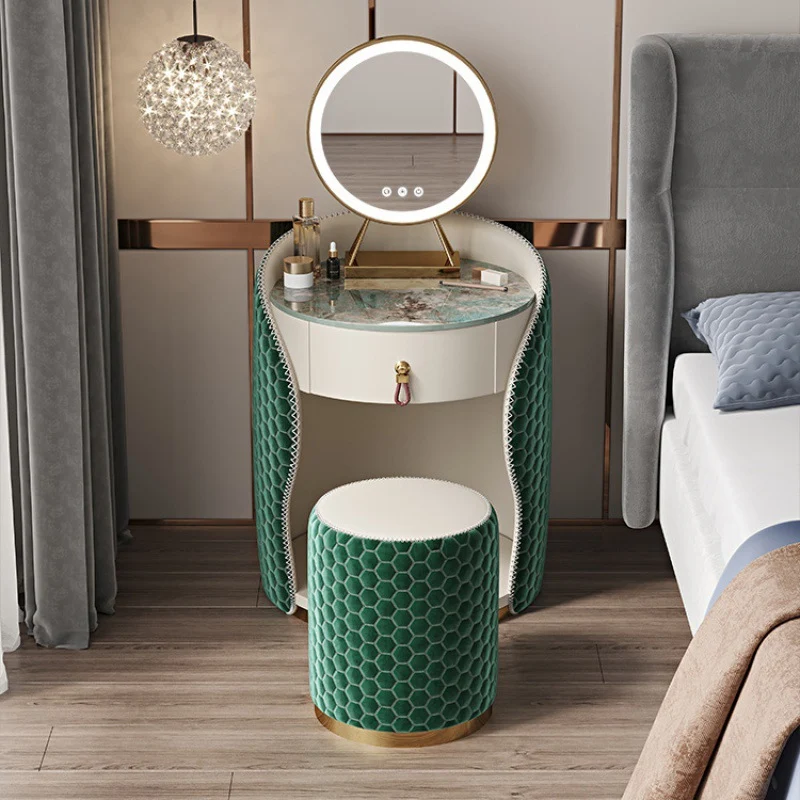 Modern Luxury Round Velvet Solid Wood & Plywood Stone Slab Stainless Steel Makeup Vanity 1-Drawer For Bedroom