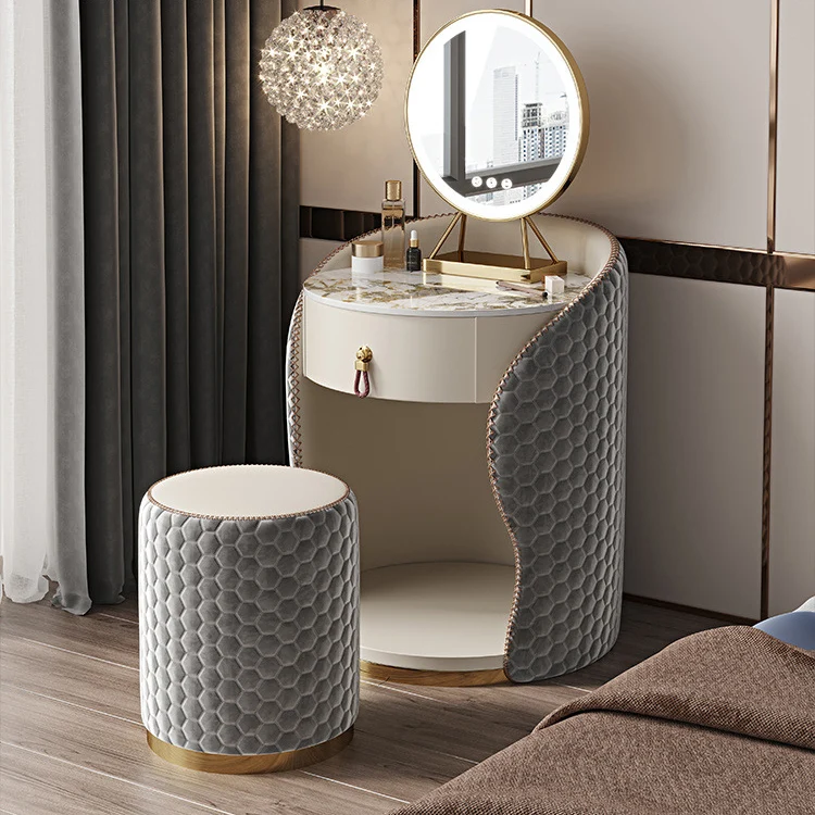 Modern Luxury Round Velvet Solid Wood & Plywood Stone Slab Stainless Steel Makeup Vanity 1-Drawer For Bedroom