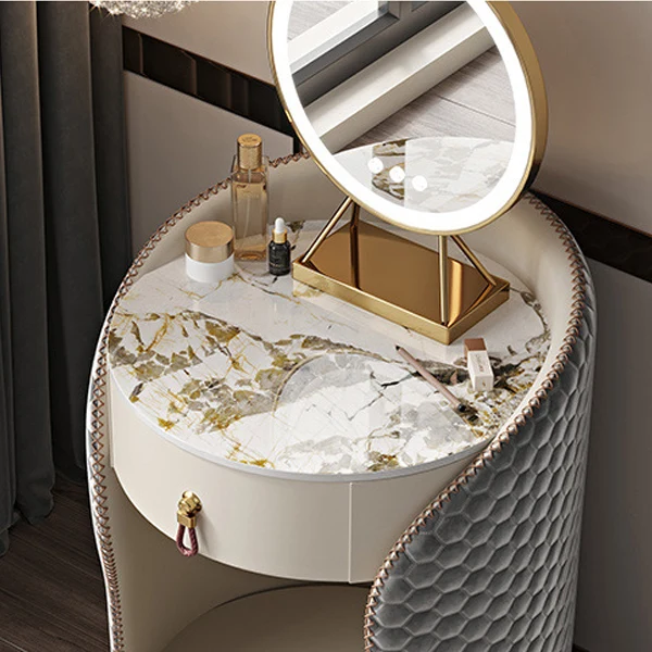 Modern Luxury Round Velvet Solid Wood & Plywood Stone Slab Stainless Steel Makeup Vanity 1-Drawer For Bedroom
