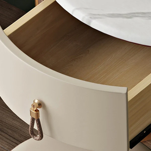 Modern Luxury Round Velvet Solid Wood & Plywood Stone Slab Stainless Steel Makeup Vanity 1-Drawer For Bedroom