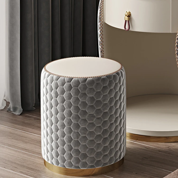 Modern Luxury Round Velvet Solid Wood & Plywood Stone Slab Stainless Steel Makeup Vanity 1-Drawer For Bedroom
