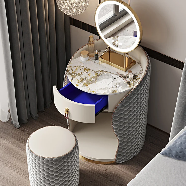 Modern Luxury Round Velvet Solid Wood & Plywood Stone Slab Stainless Steel Makeup Vanity 1-Drawer For Bedroom