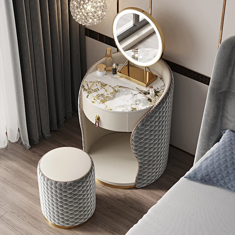Modern Luxury Round Velvet Solid Wood & Plywood Stone Slab Stainless Steel Makeup Vanity 1-Drawer For Bedroom