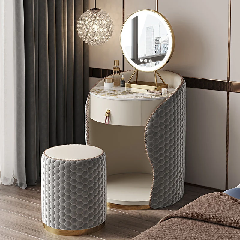 Modern Luxury Round Velvet Solid Wood & Plywood Stone Slab Stainless Steel Makeup Vanity 1-Drawer For Bedroom