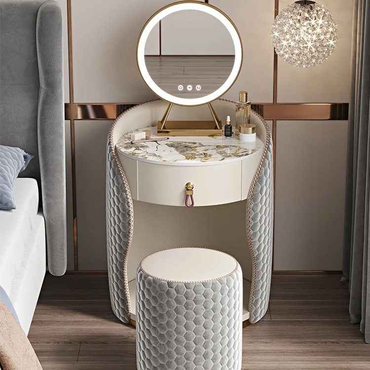 Modern Luxury Round Velvet Solid Wood & Plywood Stone Slab Stainless Steel Makeup Vanity 1-Drawer For Bedroom