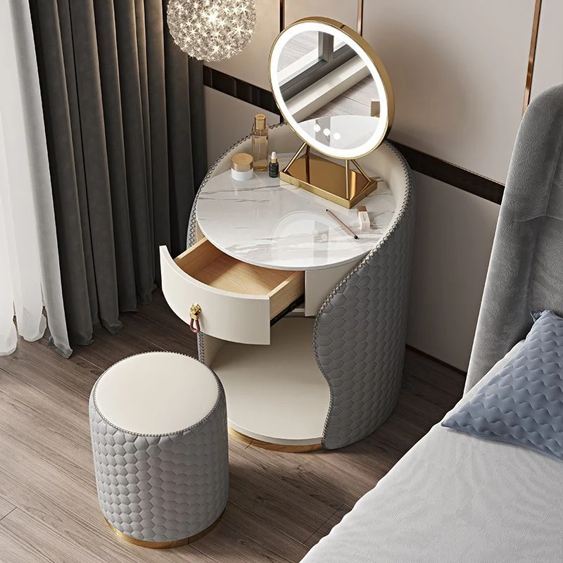 Modern Luxury Round Velvet Solid Wood & Plywood Stone Slab Stainless Steel Makeup Vanity 1-Drawer For Bedroom