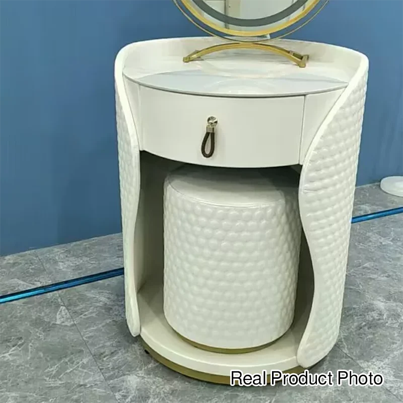 Modern Luxury Round Velvet Solid Wood & Plywood Stone Slab Stainless Steel Makeup Vanity 1-Drawer For Bedroom