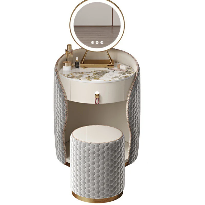 Modern Luxury Round Velvet Solid Wood & Plywood Stone Slab Stainless Steel Makeup Vanity 1-Drawer For Bedroom
