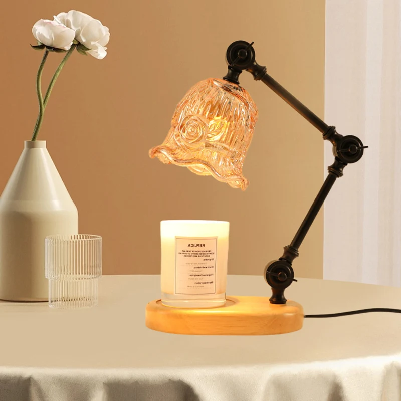 Traditional Rustic Adjustable Iron Lamp Arm Flower Glass Shade 1-Light Melting Wax Table Lamp For Bedroom