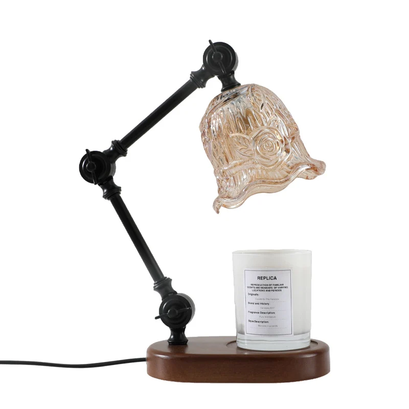 Traditional Rustic Adjustable Iron Lamp Arm Flower Glass Shade 1-Light Melting Wax Table Lamp For Bedroom