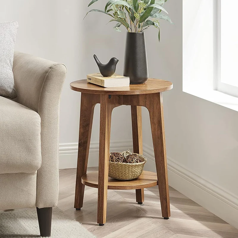 Modern Minimalist Round Melamine Board Solid Wood End Table 2-Tier For Living Room