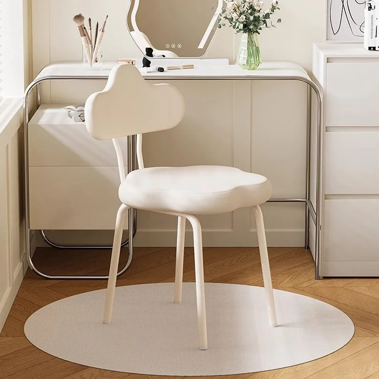 Modern Minimalist Cream Cloud Upholstered Faux Leather Iron Plywood Frame Vanity Stool Backrest For Bedroom