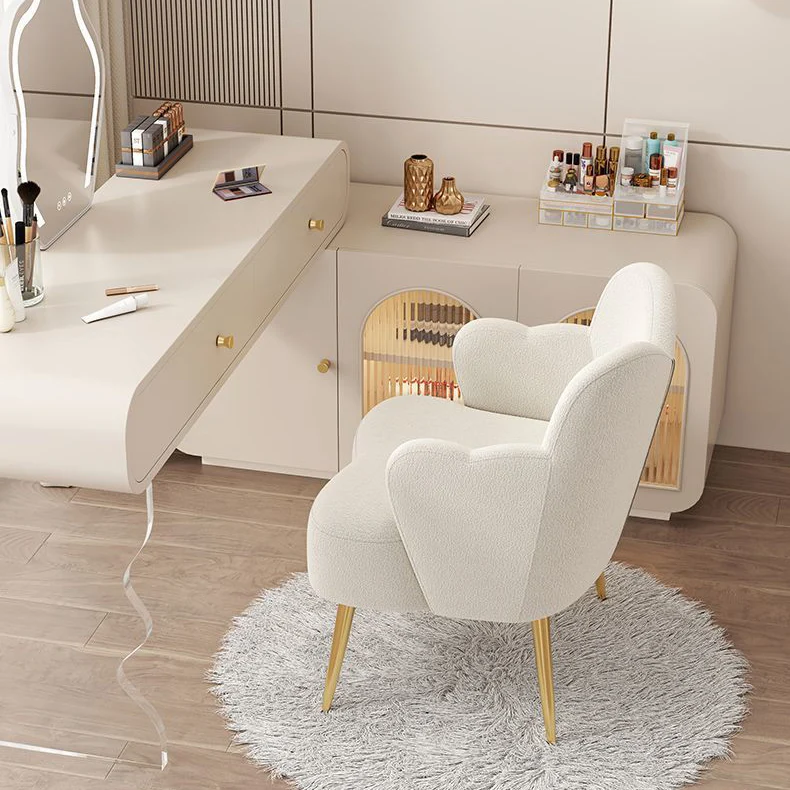 Contemporary Creative Cream Sherpa Fabric Upholstered Metal Vanity Stool Backrest Armrest For Bedroom