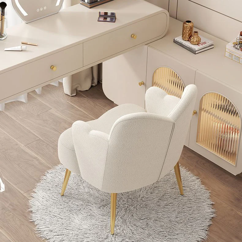 Contemporary Creative Cream Sherpa Fabric Upholstered Metal Vanity Stool Backrest Armrest For Bedroom