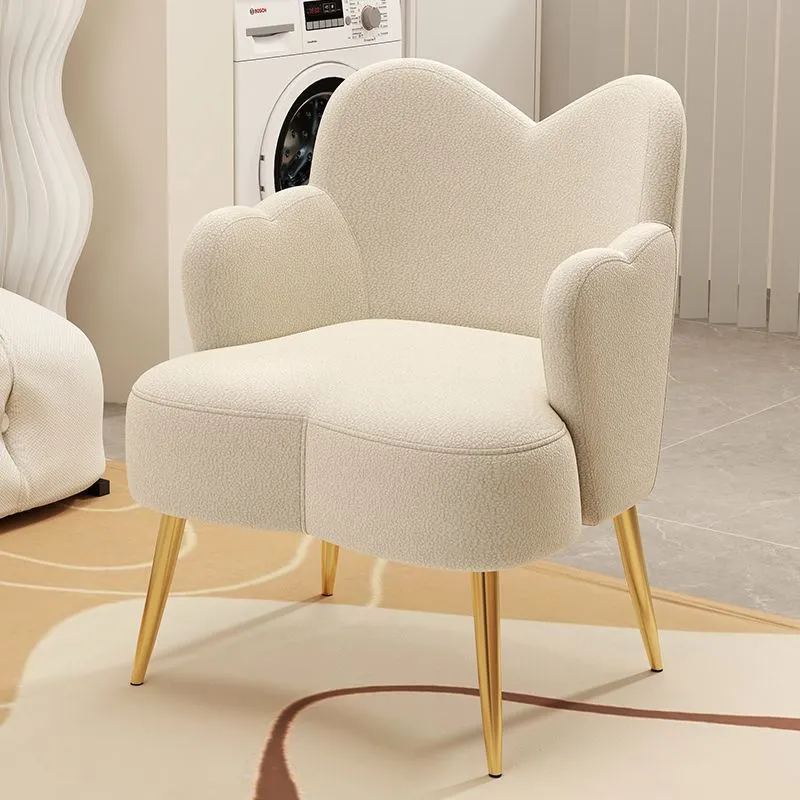 Contemporary Creative Cream Sherpa Fabric Upholstered Metal Vanity Stool Backrest Armrest For Bedroom