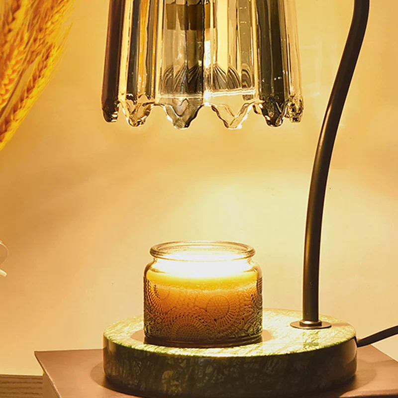 Modern Art Deco Iron Glass & Marble Round Base & Flower Shade 1-Light Aroma Melting Wax Table Lamp For Bedroom & Living Room