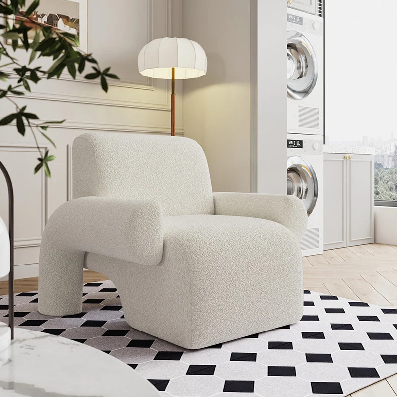 Contemporary Nordic Sherpa Fabric Wood Sponge Square Accent Chair Backrest Armrest For Living Room