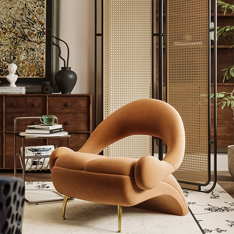 Modern Art Deco Velvet Iron Sponge Oval Sloping Headphone-Shape Leisure Accent Chair Backrest For Living Room