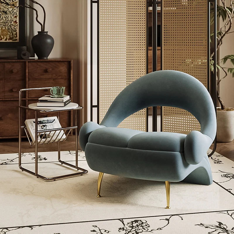 Modern Art Deco Velvet Iron Sponge Oval Sloping Headphone-Shape Leisure Accent Chair Backrest For Living Room