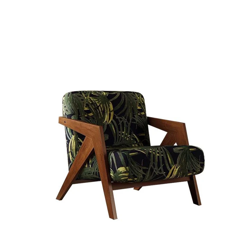 Contemporary Retro Fabric Sponge Rubberwood Square Arrow Accent Chair Backrest Armrest For Living Room