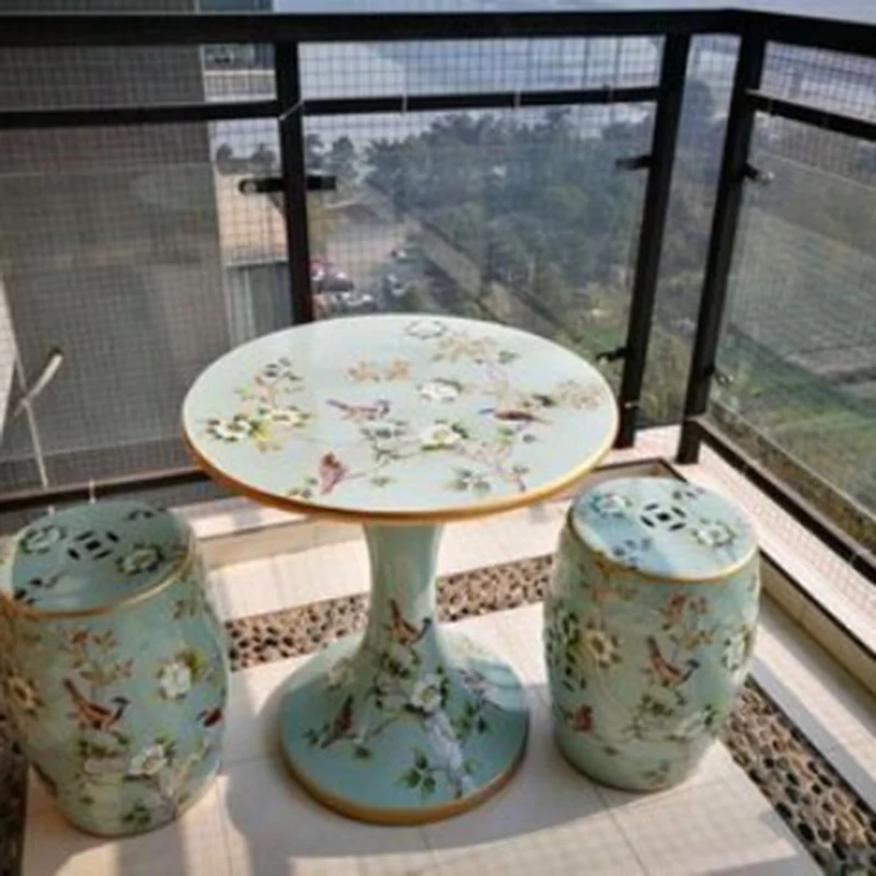 Traditional European Ceramic Hand Painted Bird Flower Drum Cylinder Footstool Backless For Living Room