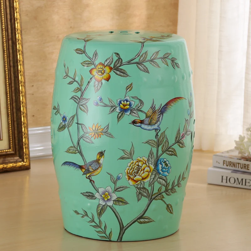 Traditional European Ceramic Hand Painted Bird Flower Drum Cylinder Footstool Backless For Living Room