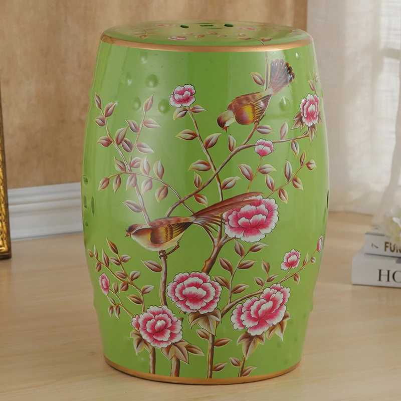 Traditional European Ceramic Hand Painted Bird Flower Drum Cylinder Footstool Backless For Living Room