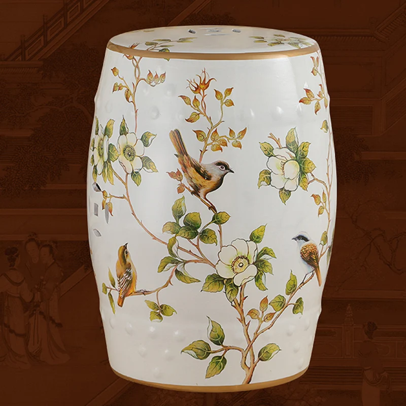 Traditional European Ceramic Hand Painted Bird Flower Drum Cylinder Footstool Backless For Living Room