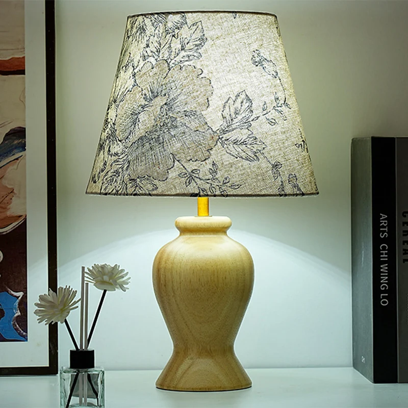 Modern Art Deco Printed Cylinder Cone Wood Fabric 1-Light Table Lamp For Bedroom