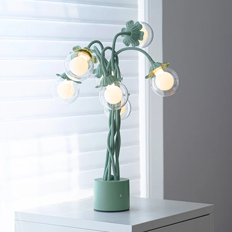 Traditional French Orb Flowers Branches PVC Lampshade Iron Cylindrical Base 7 - Light Table Lamp For Bedroom