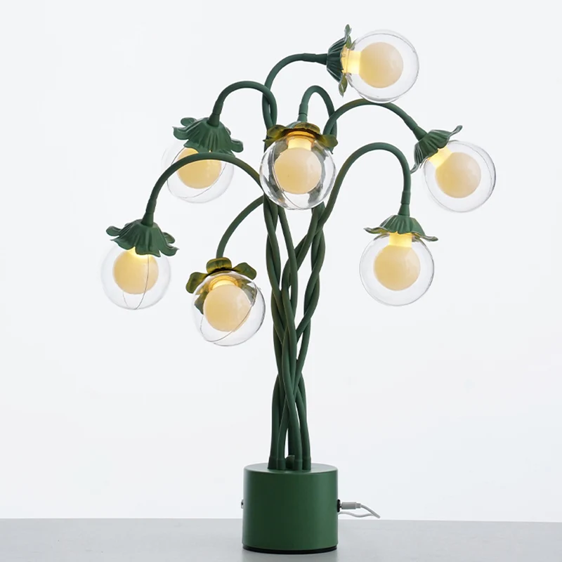 Traditional French Orb Flowers Branches PVC Lampshade Iron Cylindrical Base 7 - Light Table Lamp For Bedroom