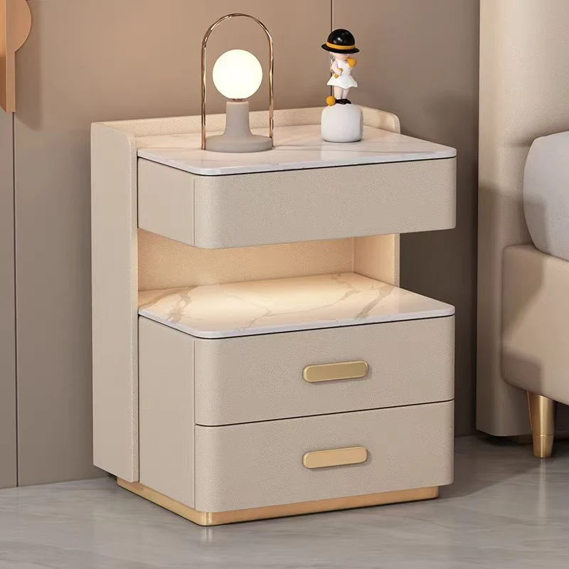 Contemporary Nordic Square Cube Pine Faux Leather Rock Board Sensor Light Safe Nightstand 3 - Drawer For Bedroom