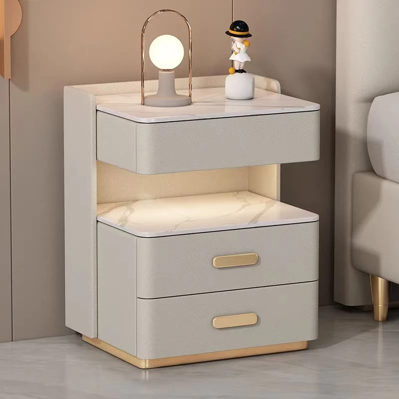 Contemporary Nordic Square Cube Pine Faux Leather Rock Board Sensor Light Safe Nightstand 3 - Drawer For Bedroom