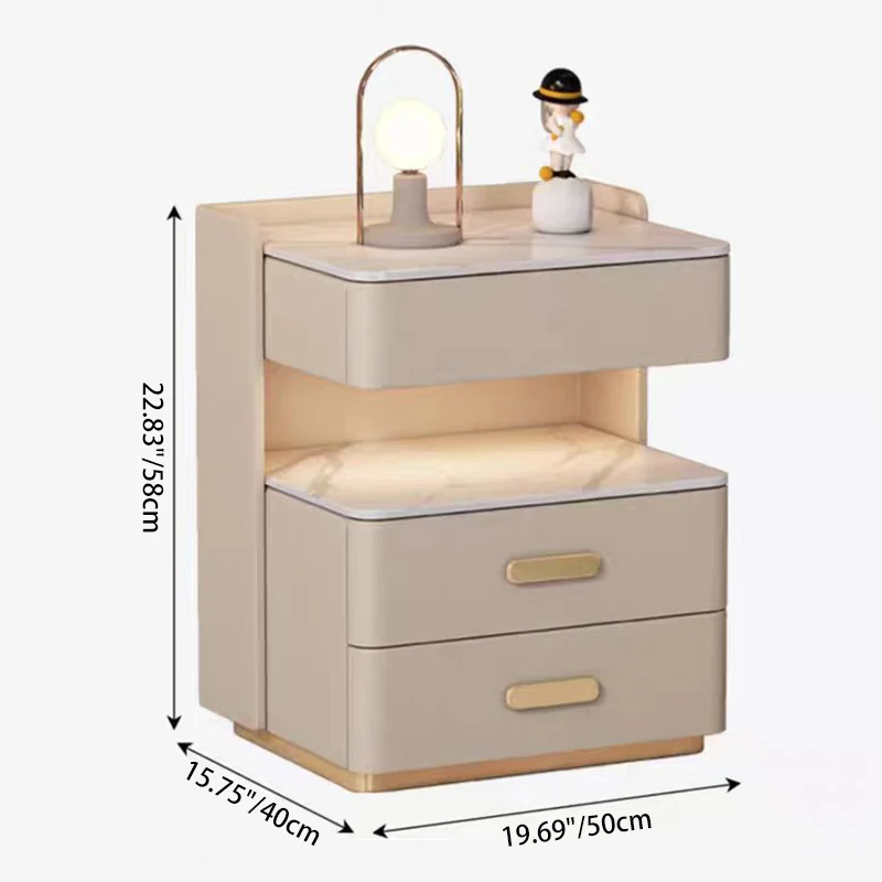Contemporary Nordic Square Cube Pine Faux Leather Rock Board Sensor Light Safe Nightstand 3 - Drawer For Bedroom