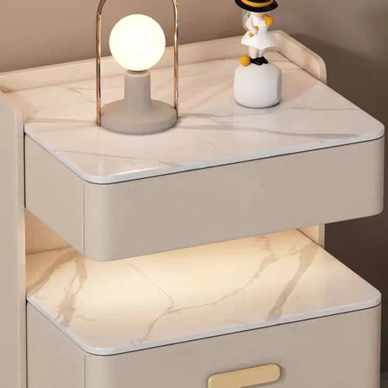 Contemporary Nordic Square Cube Pine Faux Leather Rock Board Sensor Light Safe Nightstand 3 - Drawer For Bedroom