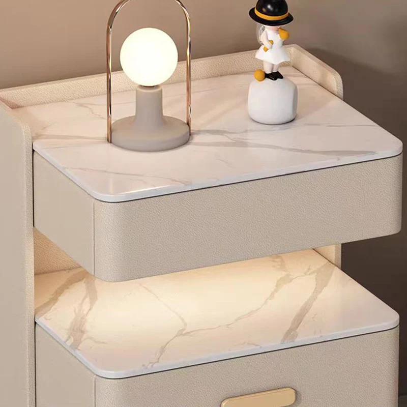 Contemporary Nordic Square Cube Pine Faux Leather Rock Board Sensor Light Safe Nightstand 3 - Drawer For Bedroom